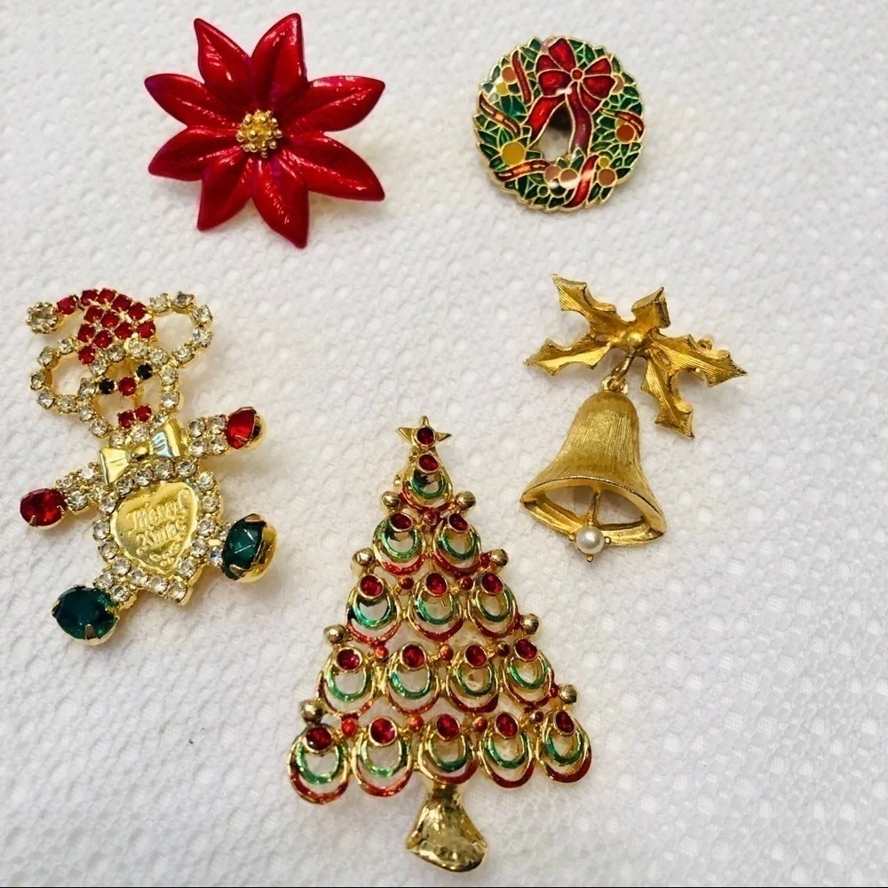 Christmas Brooch Bundle FIVE Gold Red Green Bell Tree Holiday Pins